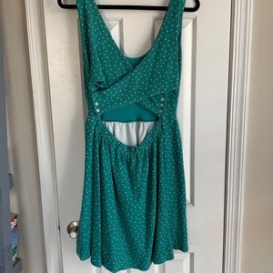 Teal Lauren Conrad a-line dress with white polka dots. Open back feature.